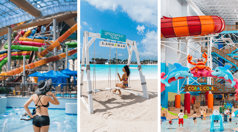 a collage of a woman on a swing at a water park