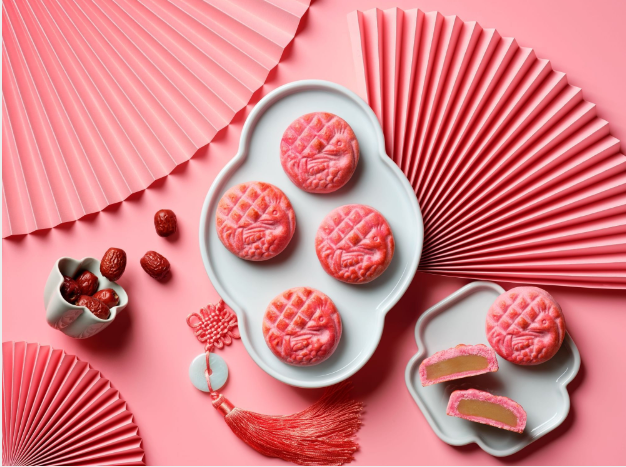 a plate of food on a pink surface
