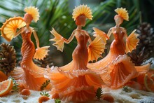 a group of orange statues