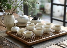 a tray with cups and teapots on it