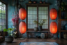 a room with two red lanterns