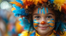 a child with face paint and feathers