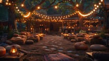 a patio with lights and seating