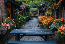 a bench in a courtyard with flowers