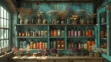 a shelf with bottles and flowers