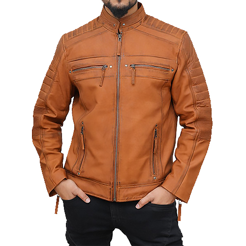 a man in a brown leather jacket