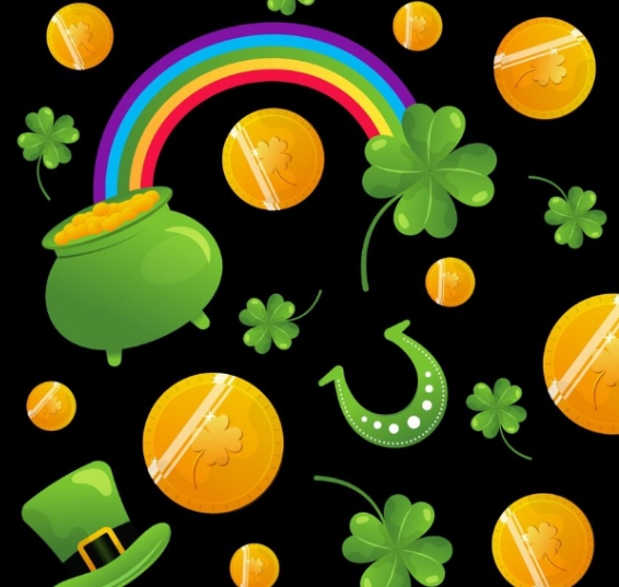 a rainbow and gold coins and clovers