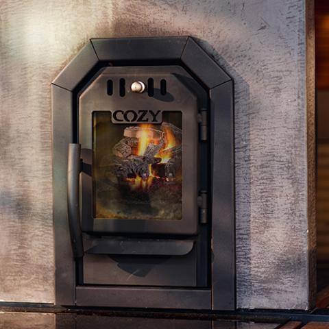 a fireplace with a glass door