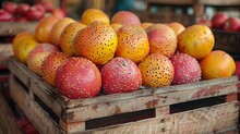 a group of oranges in a wooden crate