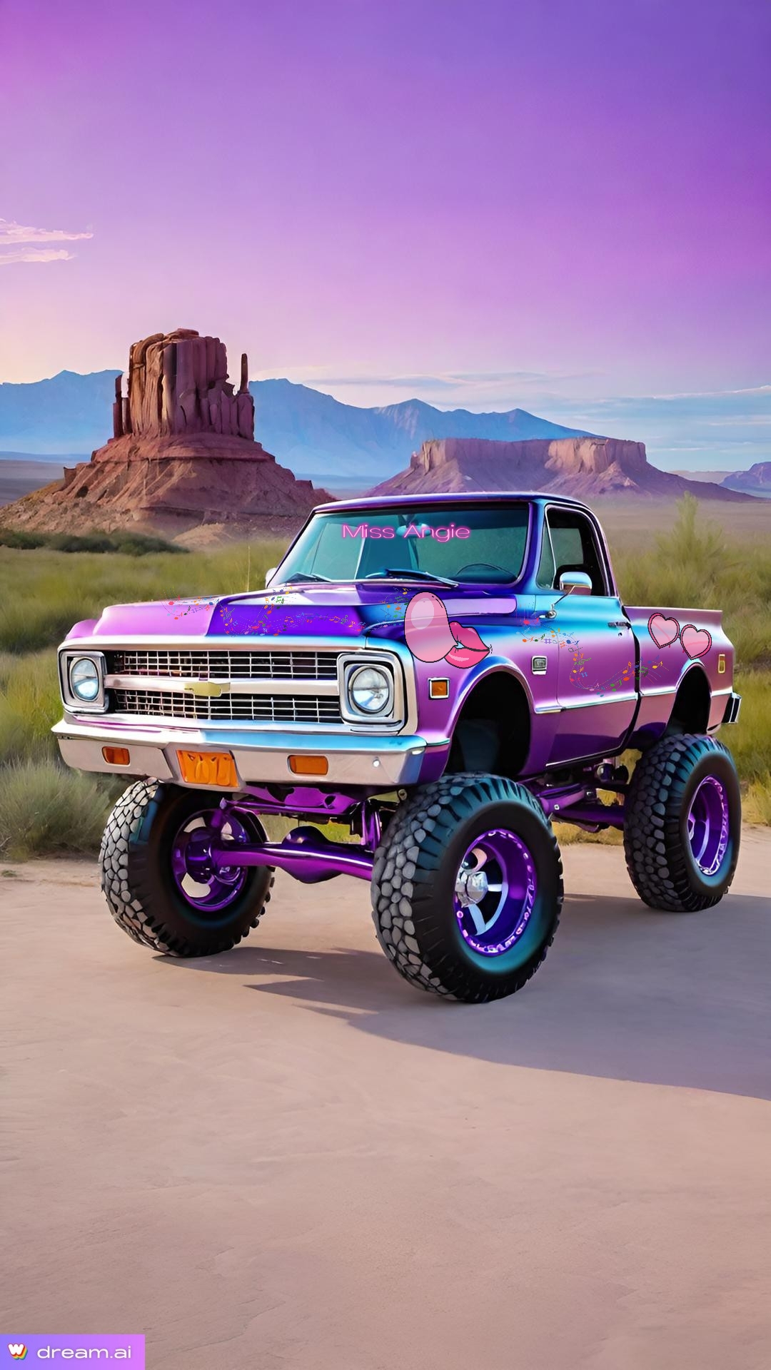 a purple truck with pink wheels