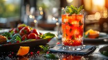 a glass of red liquid with ice and mint leaves