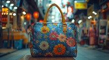 a blue bag with flowers on it