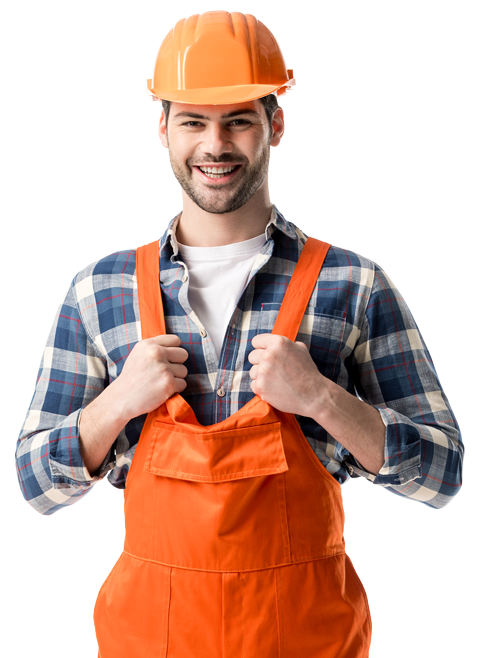 a man wearing an orange overalls and a hard hat