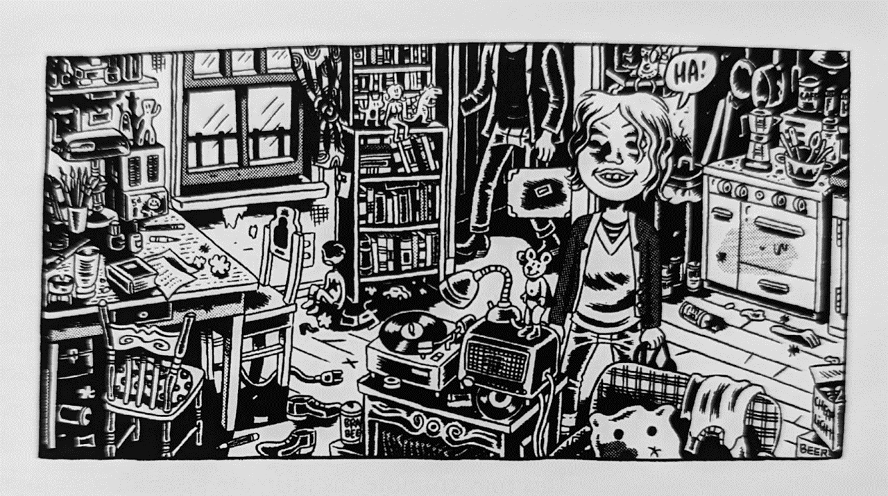 a black and white drawing of a girl in a room with a table and books