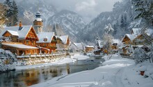 a snowy landscape with houses and mountains