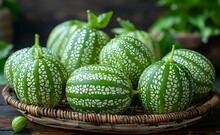 a group of watermelons in a basket