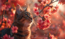 a cat sitting on a branch with pink flowers