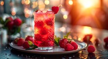 a glass of red liquid with ice and raspberries on a plate