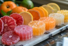 a group of fruit slices on a cutting board