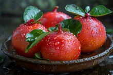 a bowl of fruit with water droplets on it