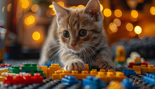 a cat playing with lego blocks