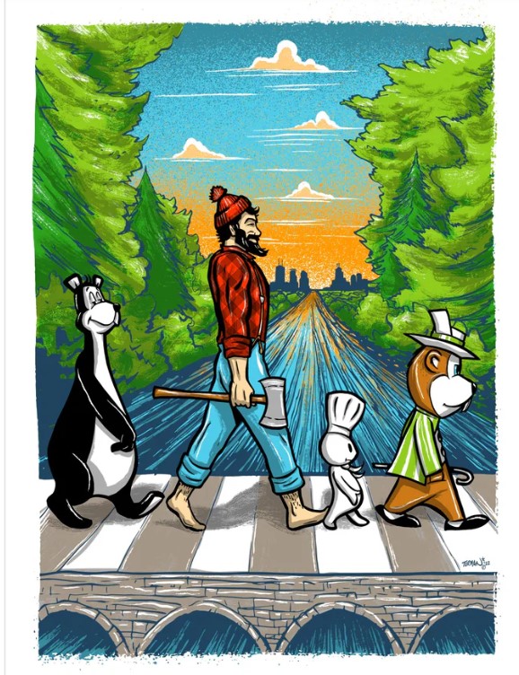 a cartoon of a man walking across a road with animals