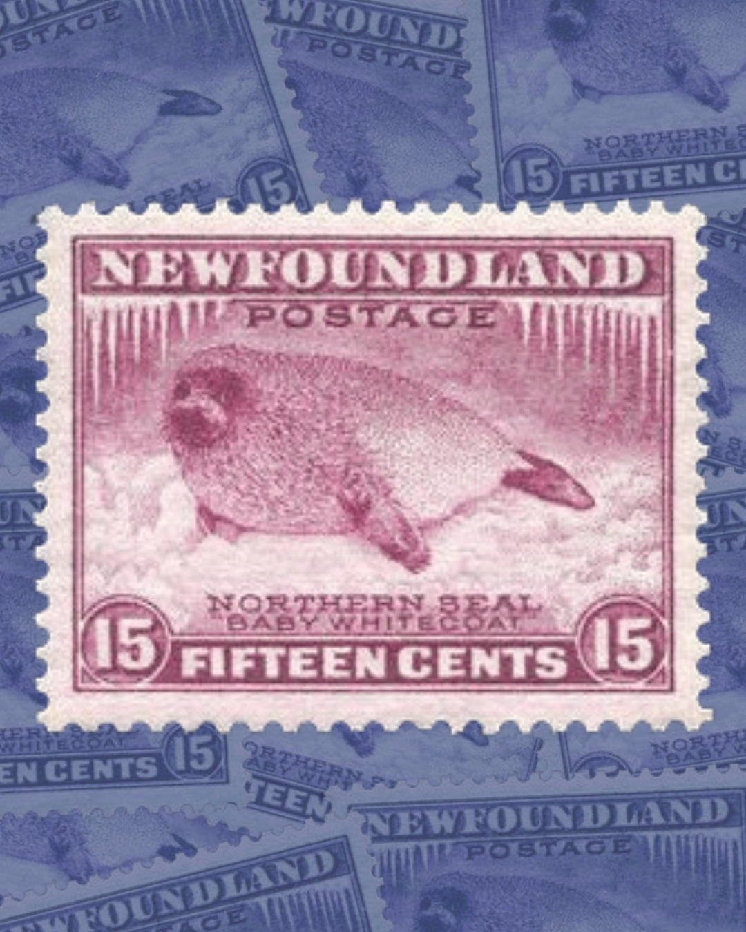 a pink stamp with a penguin on it