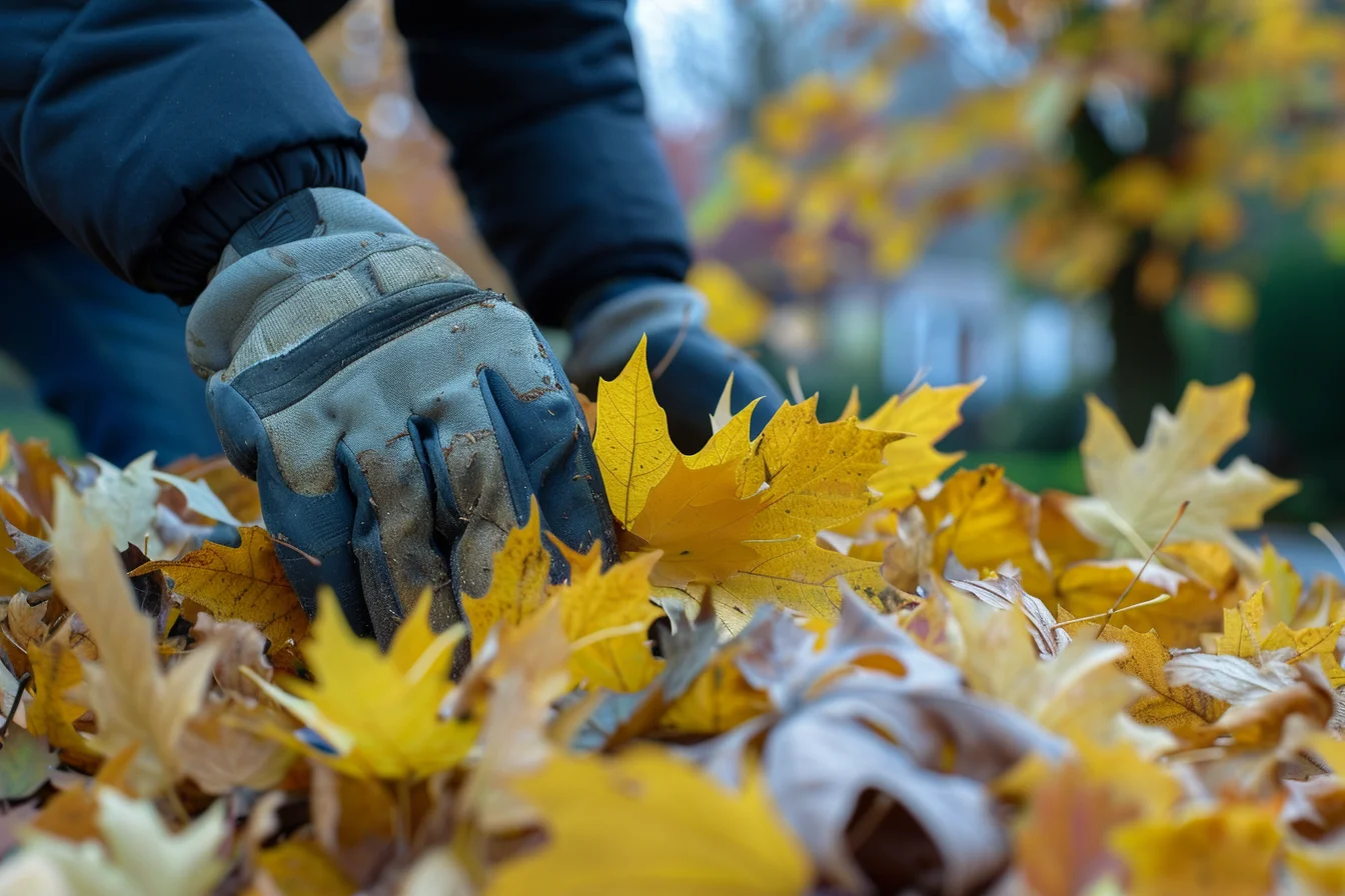 a person wearing gloves touching yellow leaves