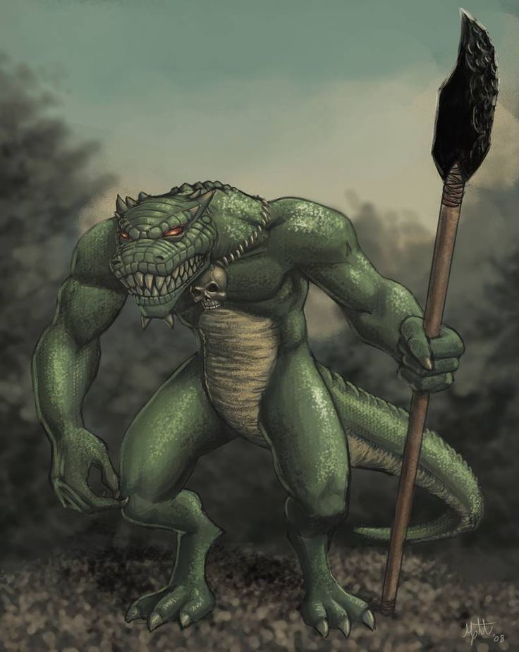 a cartoon of a reptile holding a spear