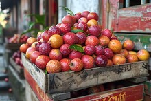 a wooden crate full of fruit