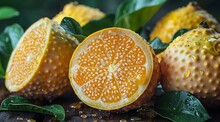 a cut orange with leaves