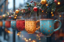 a group of colorful mugs from a tree branch