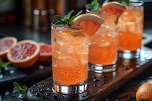 a group of glasses with orange liquid and fruit on top