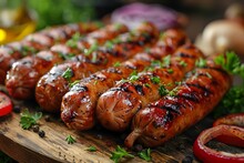 a group of sausages on a wooden board