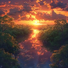 a sunset over a river