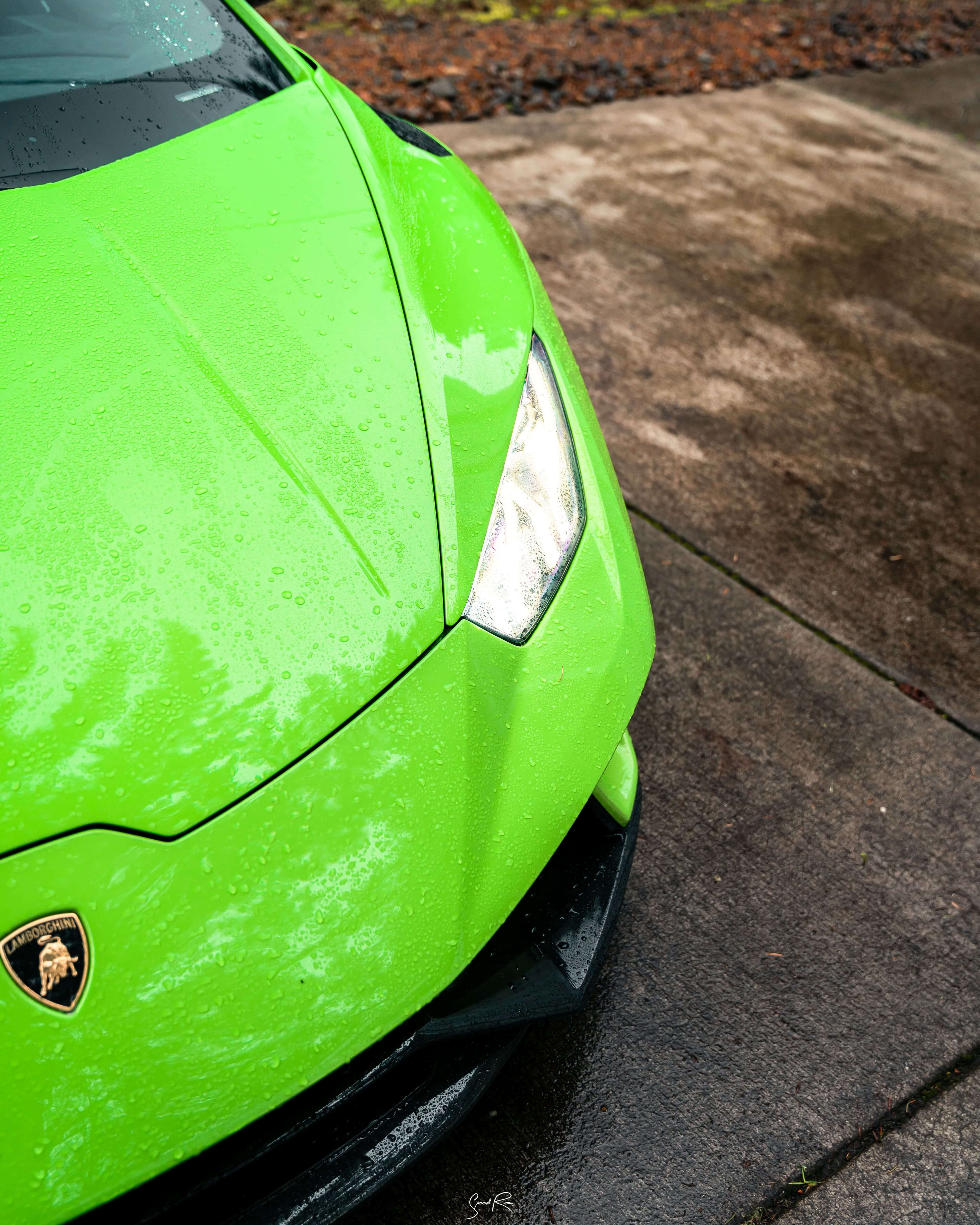 the front of a green sports car