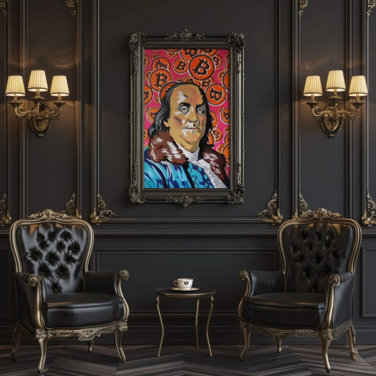 a room with a painting of a man on a wall