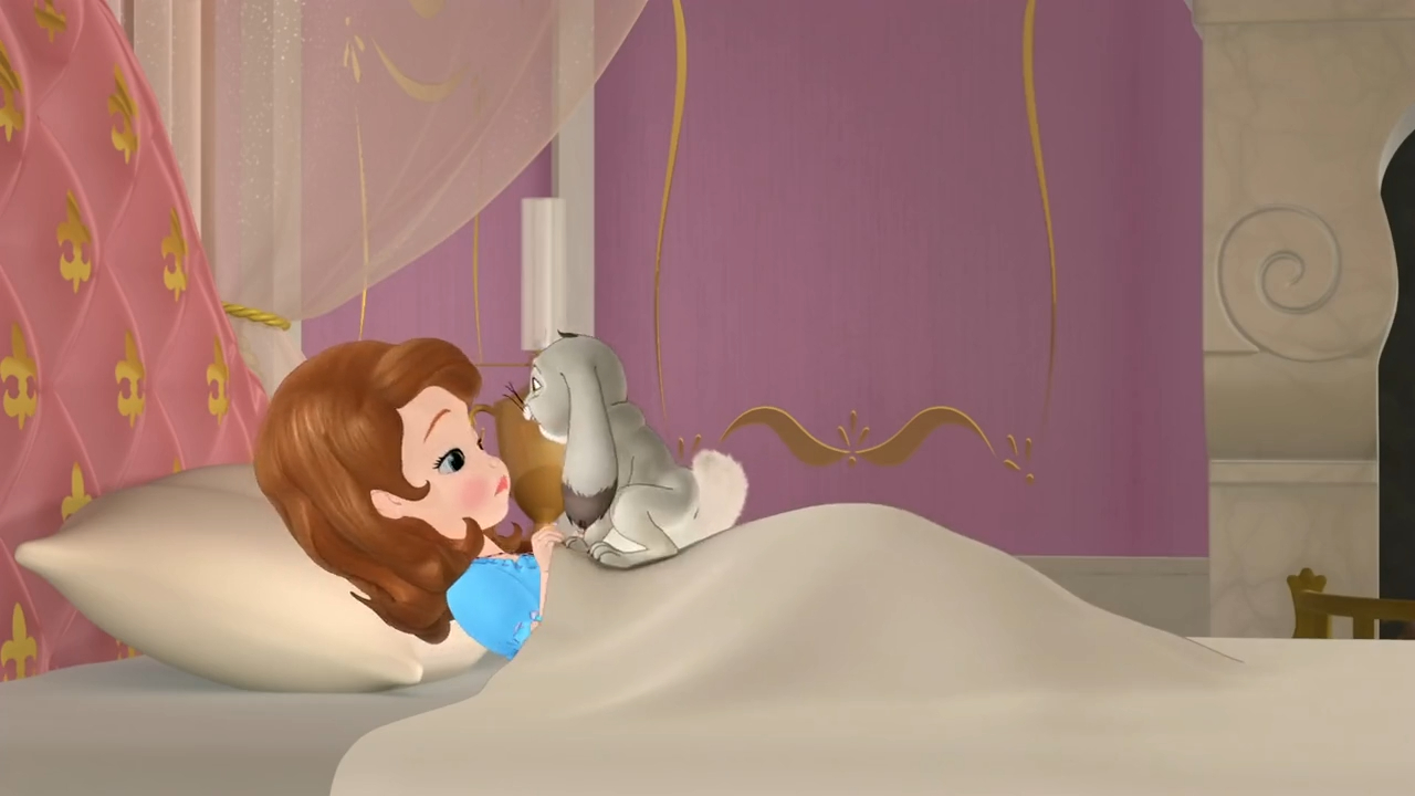 a cartoon of a girl lying in bed with a rabbit