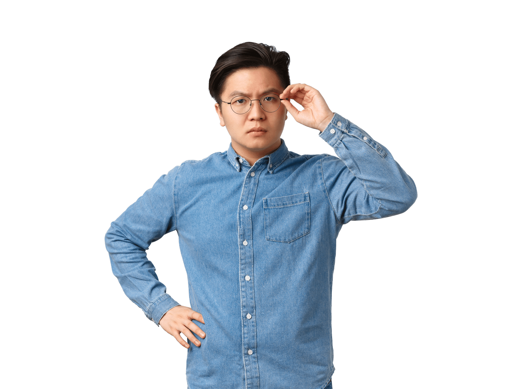 a man with glasses and a blue shirt