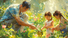 a man and a child in a garden