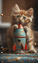 a cat holding a toy rocket