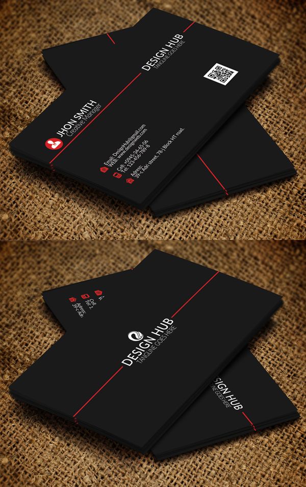 a black business card with red and white text