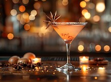 a glass of orange liquid with anise star and anise on a bar counter