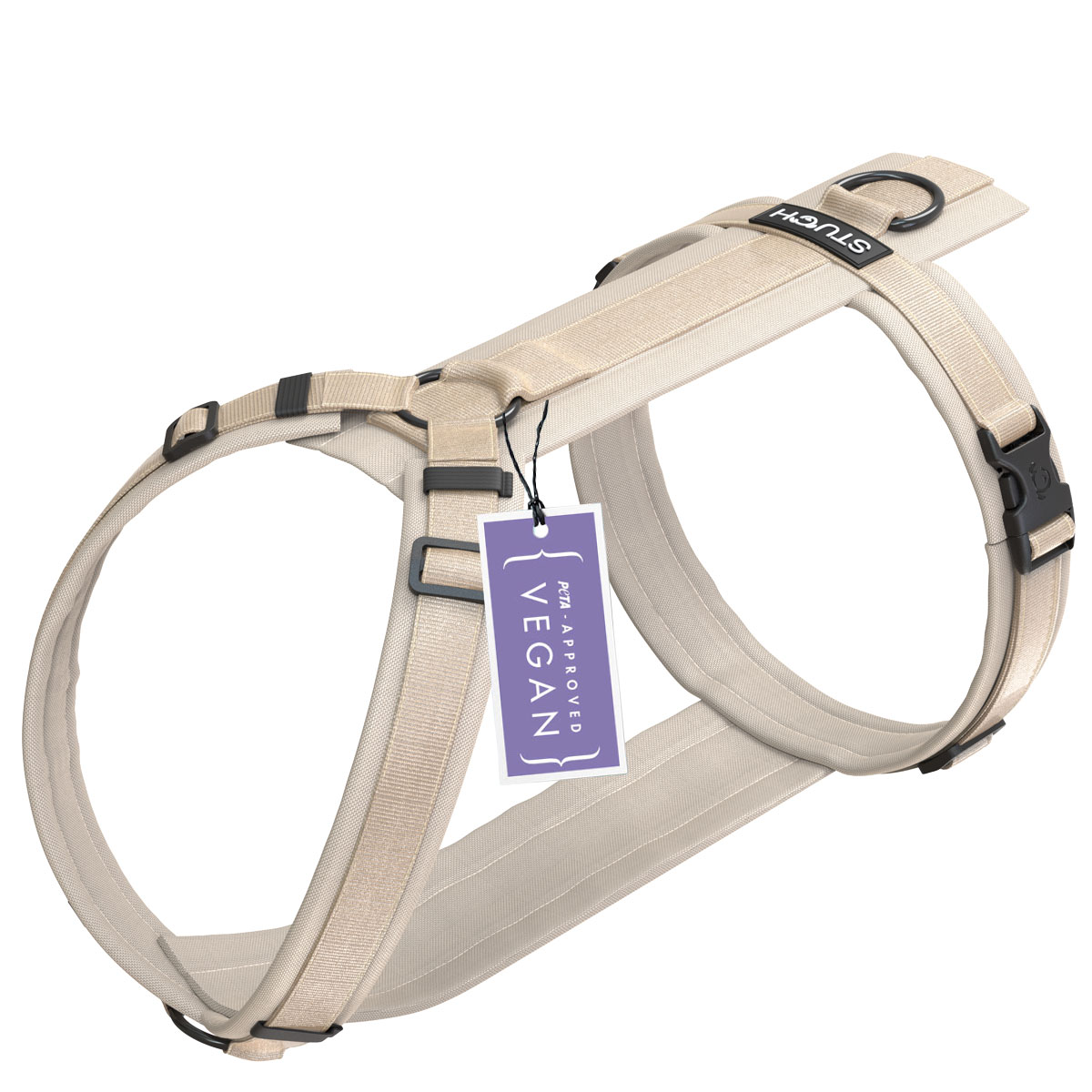 a dog harness with a tag