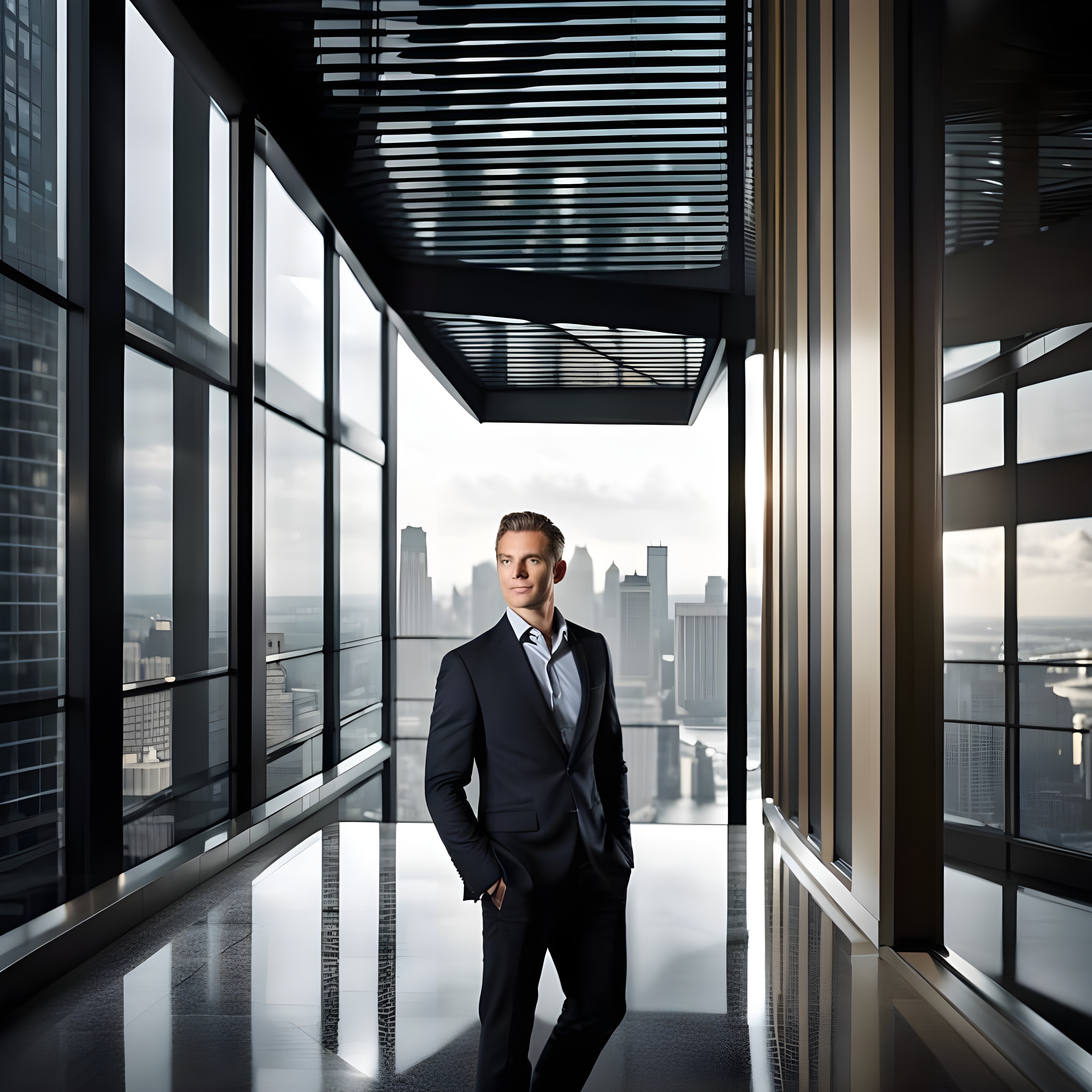 a man in a suit standing in a hallway with a city view behind him