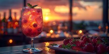 a glass of red liquid with ice and berries in front of a sunset