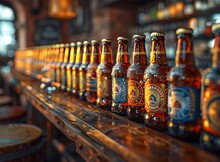 a row of beer bottles on a bar