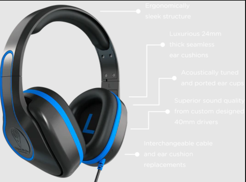 a black and blue headphones with white text