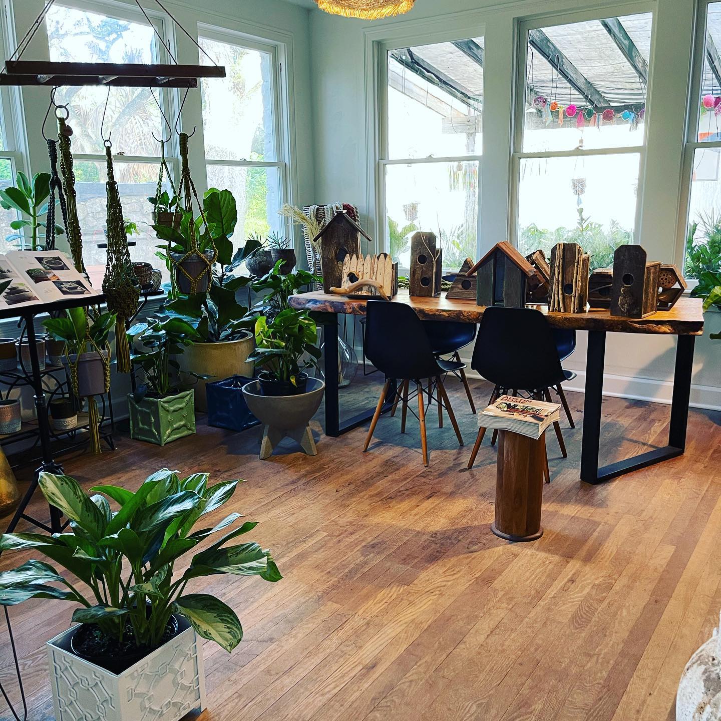 a room with a table and chairs and plants