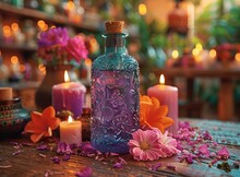 a bottle of liquid and flowers on a table